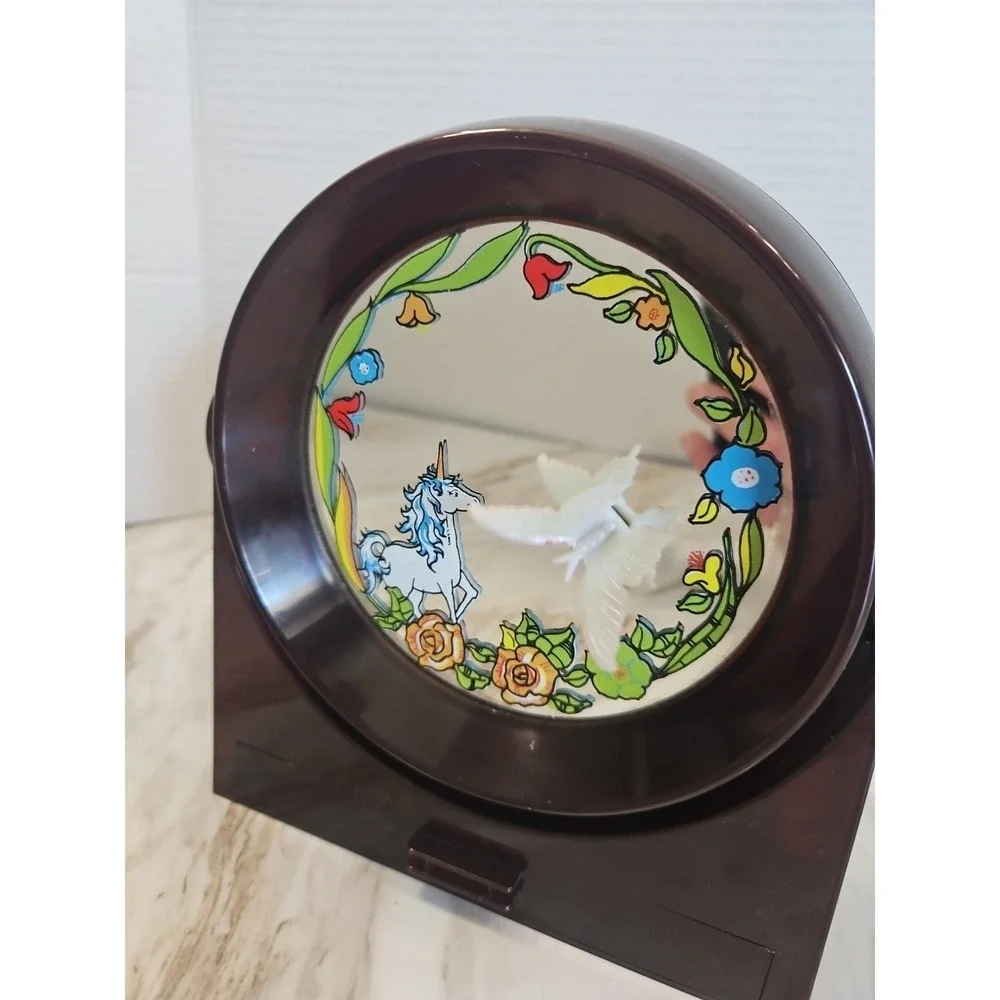 Vtg 70s Yaps Floral Unicorn Vanity Mirror Music Box w/ Drawer Moving Butterfly